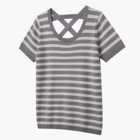 Fashion Comfortable Skin Friendly Knitted Lady Stripe T-shirt Wide Shoulder Strap Cross Shaped Top Lower