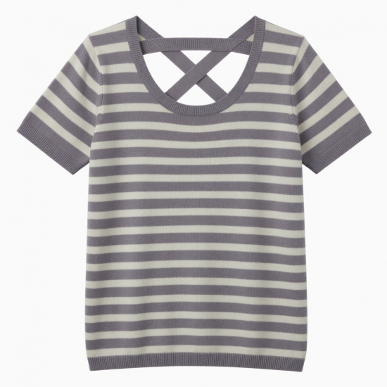 Fashion Comfortable Skin Friendly Knitted Lady Stripe T-shirt Wide Shoulder Strap Cross Shaped Top Lower