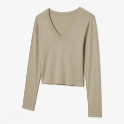 Bamboo Long Sleeve Shirts Fall Fashion Crop Tops V-Neck Appliques Eco-Friendly Breathable Slim Fitted Y2K$20