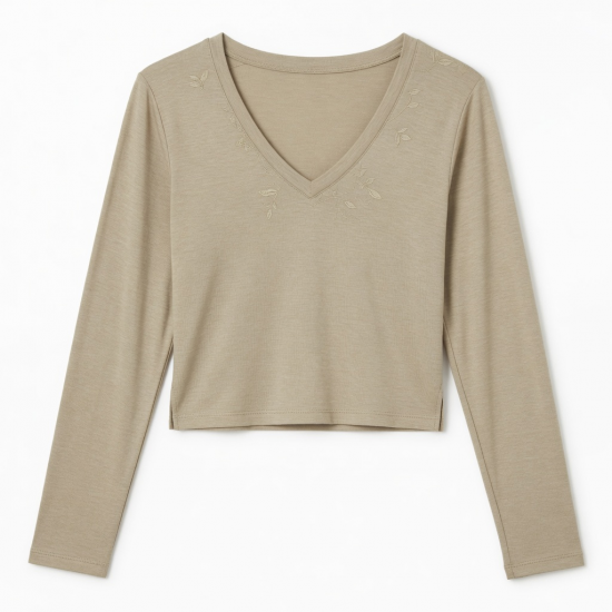 Bamboo Long Sleeve Shirts Fall Fashion Crop Tops V-Neck Appliques Eco-Friendly Breathable Slim Fitted Y2K$20