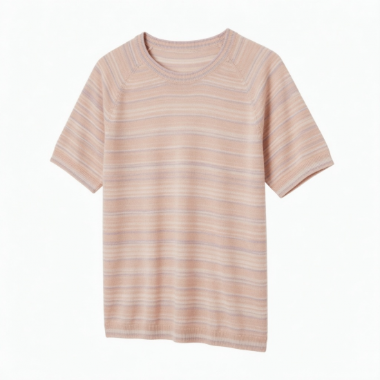 Summer New Versatile Stripes Knitted Short-sleeved Ice Silk Round Neck Pullover T-shirt Top Knitwear Clothing