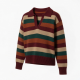 Autumn Retro Polo V-Neck Striped Color-blocking Long-Sleeved Short-Length Pullover Top Knitted for Woman