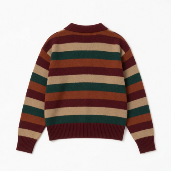 Autumn Retro Polo V-Neck Striped Color-blocking Long-Sleeved Short-Length Pullover Top Knitted for Woman