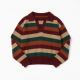 Autumn Retro Polo V-Neck Striped Color-blocking Long-Sleeved Short-Length Pullover Top Knitted for Woman
