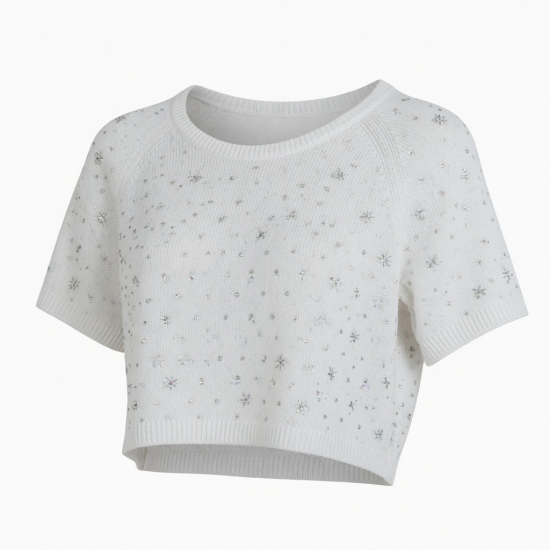 Summer Collection Breathable White Rhinestone Knitted Crop Top for Heat-Transfer Tank Top FREE