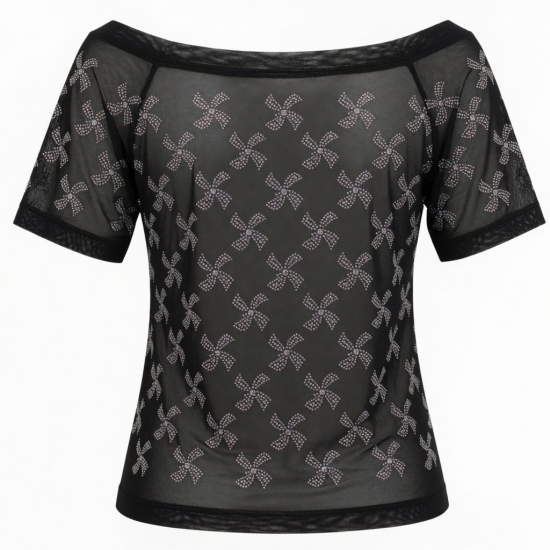 Shiny Rhinestone Off Shoulder Tops Windmill Pattern Mesh Tee Tops Nightclub Short Sleeve Shirts for Lowest