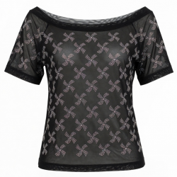 Shiny Rhinestone Off Shoulder Tops Windmill Pattern Mesh Tee Tops Nightclub Short Sleeve Shirts for Lowest