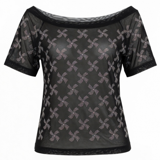 Shiny Rhinestone Off Shoulder Tops Windmill Pattern Mesh Tee Tops Nightclub Short Sleeve Shirts for Lowest