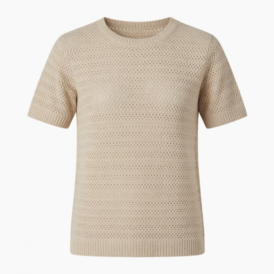 Solid Breathable Crocheted Casual T-shirt New Summer Short-sleeved Round-neck Top