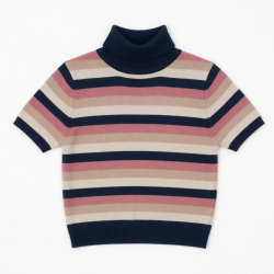 Half Turtleneck Striped Short Sleeve Crop Top Slim Fit Soft Breathable Knitted Blouse Casual Wear Multi-Color