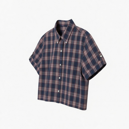 Plaid Shirt Button Down Vintage Polo Neck Tee Shirts Short Sleeve Crop Blouses Preppy Style Clothes for