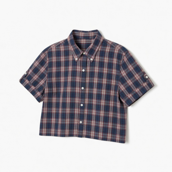 Plaid Shirt Button Down Vintage Polo Neck Tee Shirts Short Sleeve Crop Blouses Preppy Style Clothes for