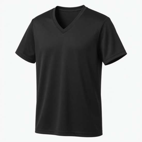 Deep V-Neck T-Shirt Polyester Quick Dry Summer Tops with Breathable Feature Solid Black Pattern180-day