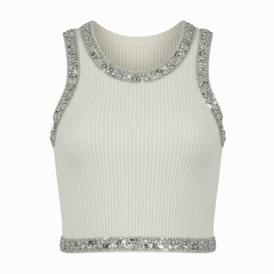 Summer Sleeve Top Rib Vest Stretch Rib Knitted Beaded Shirt Handmade Rhinestone Sequin Trim Short Tank Tops
