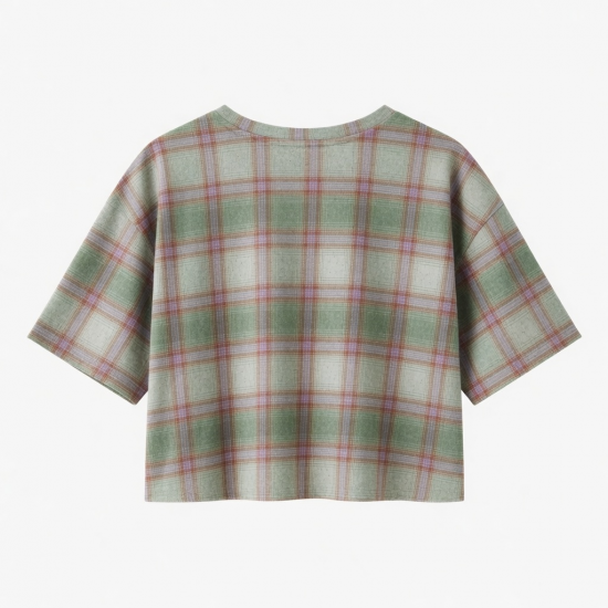 New Cute Loose Fashion Eco-Friendly Plaid Print Short Sleeve Crop Top Casual Gym T-shirt Washed Shirts