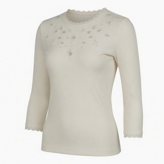Summer Fashion Sexy Club Elegant Lace Trim Breathable Ribbed Knit Regular Sleeve O-Neck Slim Fit Beaded Top