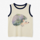 Sleeveless Knit Top Crew Neck Contrast Trim Watercolor Hedgehog Print Loose Soft All-Season Daily Elegant