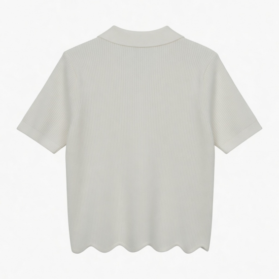 Ribbed Knit Polo Shirt with Pearl Detail, Scalloped Hem Short Sleeve Top