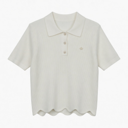 Ribbed Knit Polo Shirt with Pearl Detail, Scalloped Hem Short Sleeve Top
