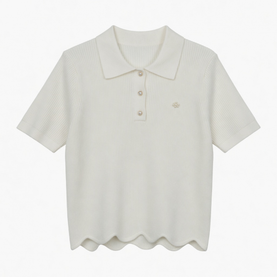 Ribbed Knit Polo Shirt with Pearl Detail, Scalloped Hem Short Sleeve Top